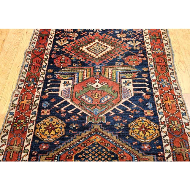 Vintage Persian Heriz Serapi Runner Rug, Hand-Knotted Wool, Geometric Medallion Pattern, Navy, 3x12 For Sale - Image 11 of 16