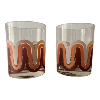 1970s Orange and Brown Groovy Wave Whiskey Lowball Glasses Barware - a Pair For Sale