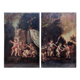Nude, Landscapes with Putti, 1800s, Oil Painting on Panel, Framed, Set of 2 For Sale