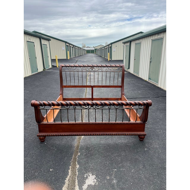 King Size Wrought Iron and Cherry Sleigh Bed Frame For Sale - Image 4 of 12