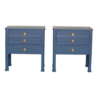 Vintage Pair of Mid Century Blue Nightstands of Three Drawers For Sale