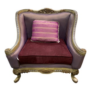 Lavender Silk Sofa Chair With Ornate Wood Frame and Pillow For Sale