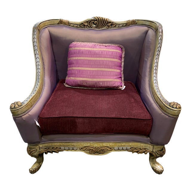 Lavender Silk Sofa Chair With Ornate Wood Frame and Pillow For Sale
