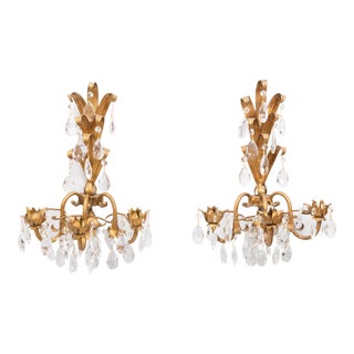 Vintage Italian Gilt Tole & Crystals Candle Sconces - a Pair For Sale