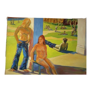 1970's "Theater Park" Scene Oil Painting on Canvas by Drew Bandish For Sale