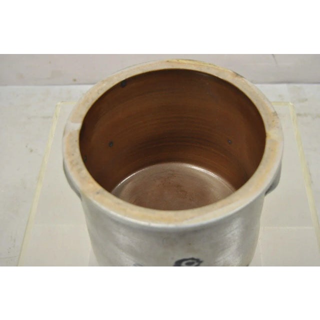 19th Century Antique Stoneware Salt Glazed 9" Round Pottery Crock Pot With Blue Flower For Sale - Image 5 of 12