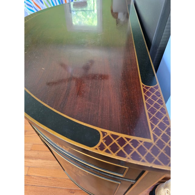 Chinoiserie 1950s Vintage Black Lacquer & Gold Inlay Demilune Chest With Asian-Inspired Motifs and Three Drawers For Sale - Image 3 of 11