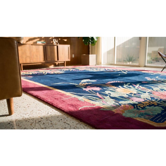 1920s Blue Navy Medallion Antique Chinese Art Deco Carpet 8' 9" X 11' 5" Knotted Wool Rug For Sale - Image 11 of 13