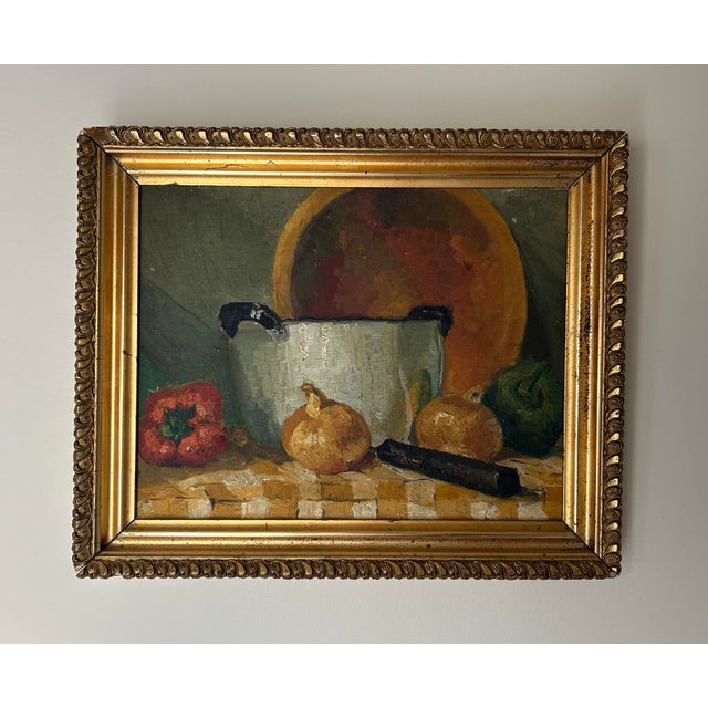 Very well done antique, impressionist, still life oil painting on canvas board. In original gilded wood frame. No...