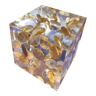 Pop Art Lucite Cube Sculpture With Pennies 1969 For Sale