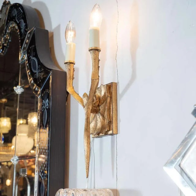 This dramatic and elegant pair of modernist brutalist branch sconces feature two arms; a rectangular backplate with a hand...