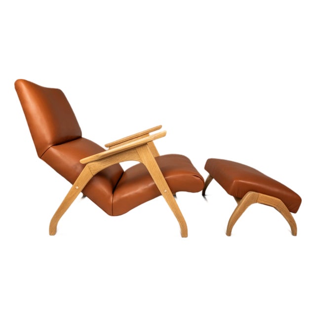 Rare Mid-Century Modern Sculptural Lounge Chair & Ottoman in Oak & Italian Leather in the Manner of Adrian Pearsall, Usa, C. 1960s For Sale