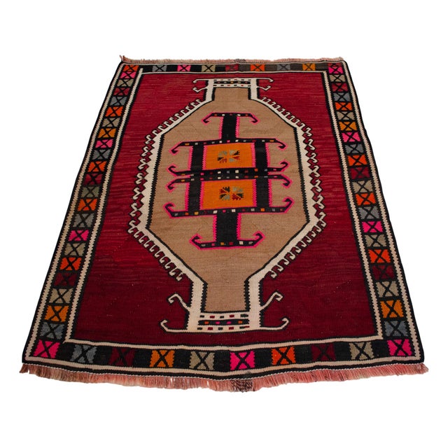 Textile Authentic Kars Kilim Rug, Red and Earth Tone Turkish Rug, Small Living Room Kilim, Rare Personal Village Weave, 1970s Anatolian Rug 4x5 Ft Approx For Sale - Image 7 of 16