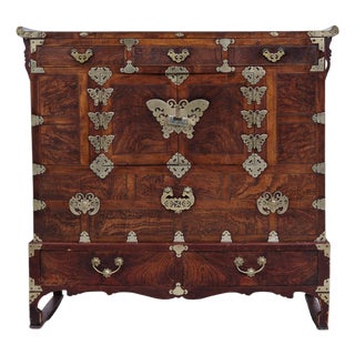 Antique Korean Bandaji Wedding Chest in Dark Wood and Brass by Joseon Dynasty, 1890s For Sale
