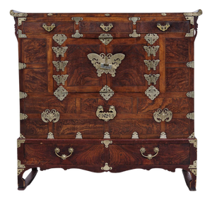 Antique Korean Bandaji Wedding Chest in Dark Wood and Brass by Joseon Dynasty, 1890s