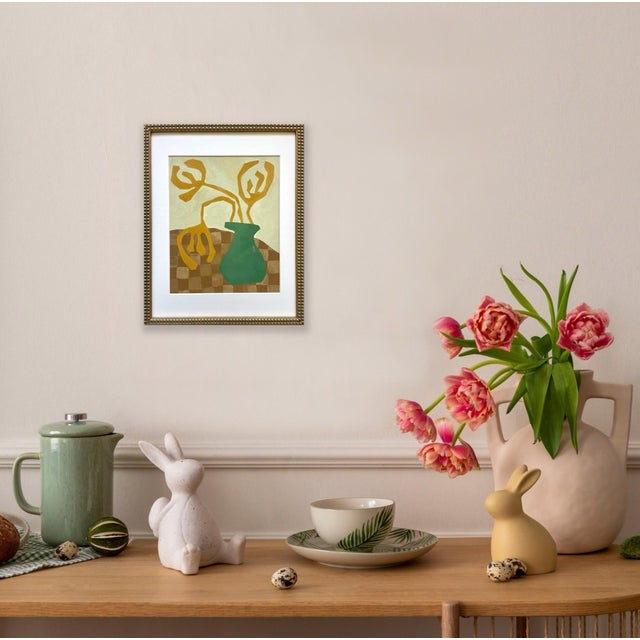 Abstract minimalist botanical painting on French hand crafted cotton paper. Framed in a gold frame. All works on paper are...
