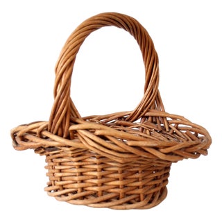 Vintage Woven Wicker Gathering Basket With Twisted Handle For Sale