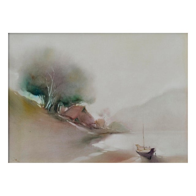 Minimalist landscape of a boat pulled up to the shore, a simple dwelling nearby and mountains in the background, by an...