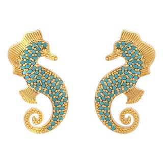 Majestic Seahorse Gold & Turquoise Statement Studs, A Pair For Sale