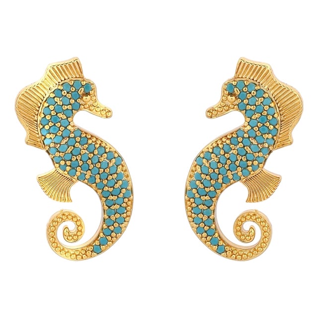 Majestic Seahorse Gold & Turquoise Statement Studs, A Pair For Sale