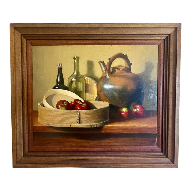 Oil on Canvas Still Life With Apples & Bottles, Chester E. Pennington, 16" X 20" For Sale