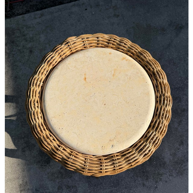 Vintage Sculptural Rattan Side Table With Tessellated Travertine Inlay For Sale - Image 9 of 15
