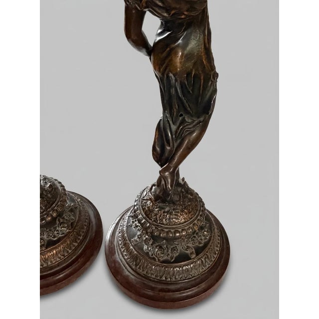 Brown Large 20th Century Belle Époque French Female Figurines in Bronzed Metal, Set of 2 For Sale - Image 8 of 14
