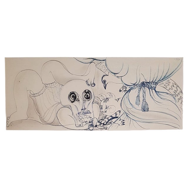 The Cat, the Dove & Death Drawing by Henry de Waroquier, 1936 For Sale