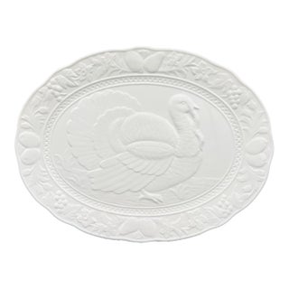 Vintage White Embossed Turkey Platter – Traditional / Farmhouse / Thanksgiving For Sale