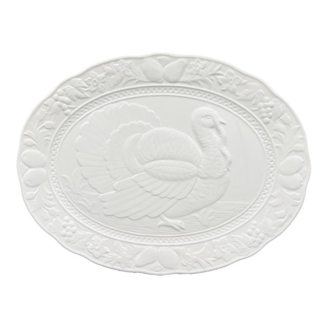 Vintage White Embossed Turkey Platter – Traditional / Farmhouse / Thanksgiving For Sale