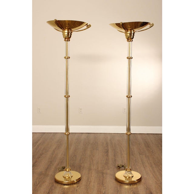 High Quality Vintage Pair of Brass and Glass Segmented or Faux Bamboo Torchiere Floor Lamps