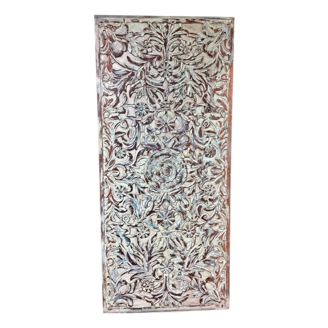 Antique Blue Lotus Hand-Carved Wood Barn Door – Vintage Indian Wall Panel Decor 80 For Sale