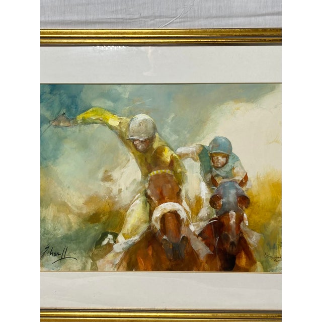 Very fine custom framed gouache/Watercolor equestrian painting [titled “Stretch Run”] of two race horses with riders in...