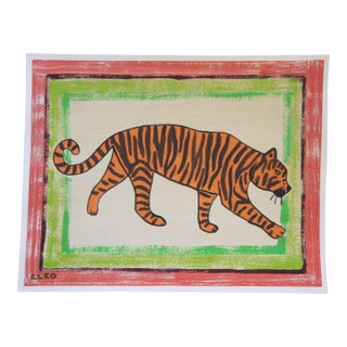 Tiger Pop Art Folk Art Minimalism Orange Green Raspberry Pink Original Painting by Cleo Plowden For Sale