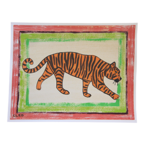 Tiger Pop Art Folk Art Minimalism Orange Green Raspberry Pink Original Painting by Cleo Plowden