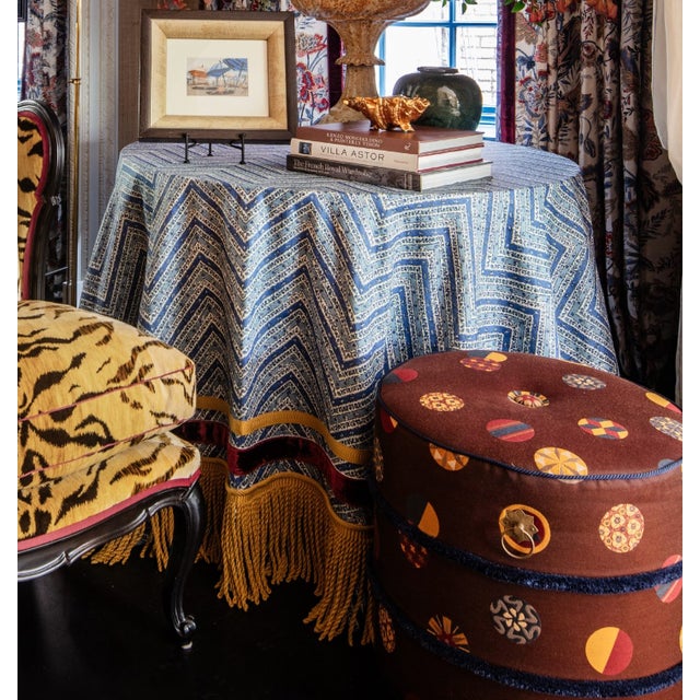 Custom table skirt + base; Soane Kalamkari Chevron / Lapis fabric with Samuel & Sons Sophie collection trim + bullion in...