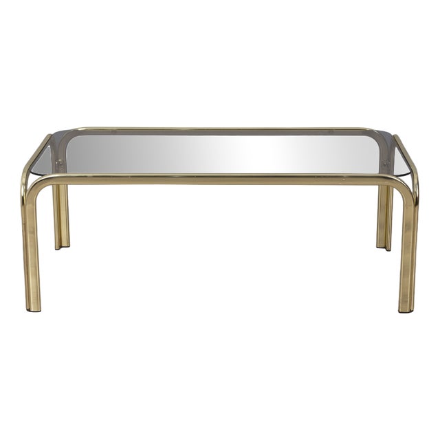 Vintage Italian Coffee Table in Gilt Brass and Smoked Glass, 1970s For Sale
