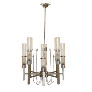Glass & Steel Chandelier by Sciolari, 1970s For Sale
