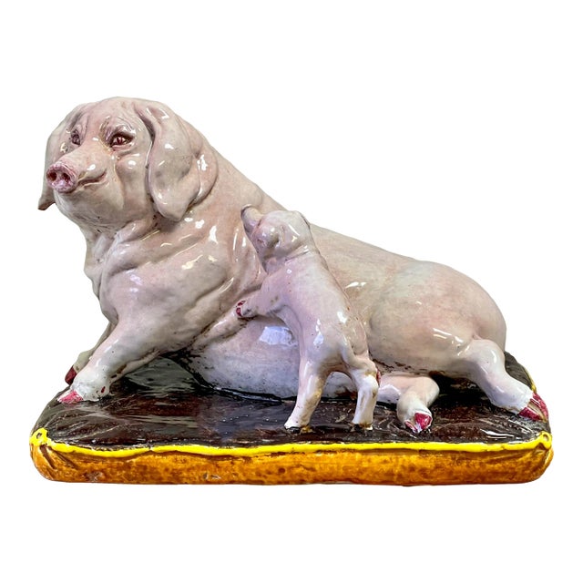 Mid-Century Italian Terracotta Hand Painted Mother Pig & Baby on Pillow Figurine For Sale