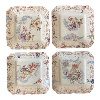 19th Century Antique French Art Nouveau Square Majolica Faience Plates With Floral and Lace Design by Sarreguemines- Set of 4 For Sale