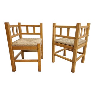 Set of Vintage Amsterdam School Natural Oak Rush Corner Chair, 1960s For Sale