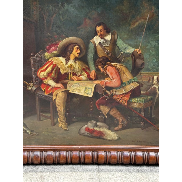 17th Century Large Antique European Cavalier Interior Scene Oil Painting in Carved Wood Frame For Sale - Image 5 of 12