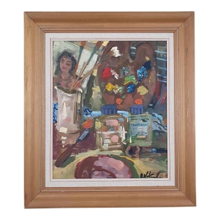 1950s Mid-Century Swedish Modernist Artist Studio Still Life Oil Painting by Uno Hubert Karlsson For Sale