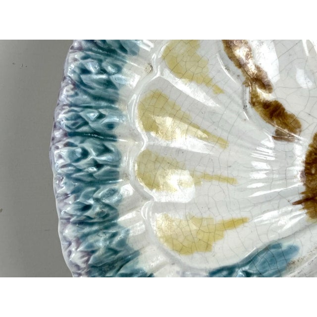 Antique Longchamp Majolica Asparagus Plate: French Barbotine Shell Motif For Sale - Image 14 of 15