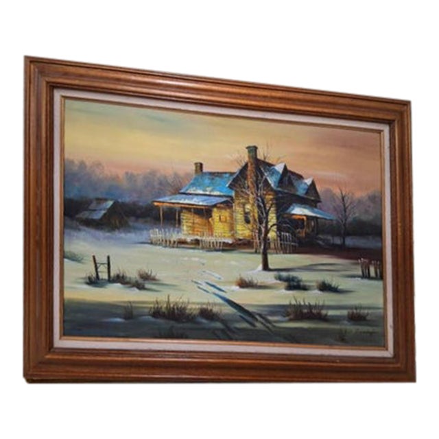 1960s Vintage P. Wellington Large Winter Homestead Oil Painting - Signed For Sale