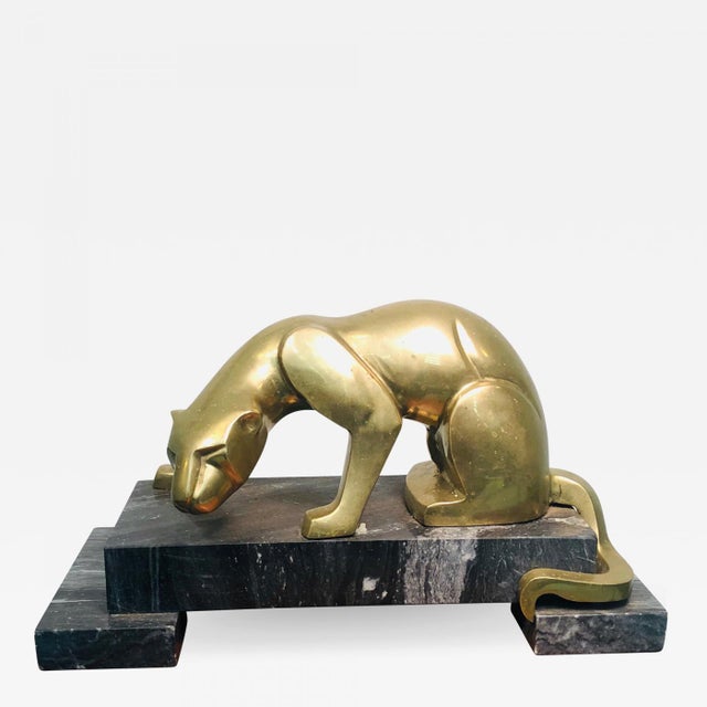 1970s Modernist Cubist Cast Brass Panthers on Black Marble Bases - a Pair For Sale - Image 11 of 11