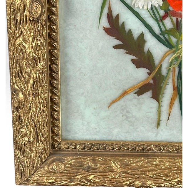 Wood Antique 19th Century Floral Oil Painting on Glass Pane in Victorian Faux Bois Gilt Frame For Sale - Image 7 of 10