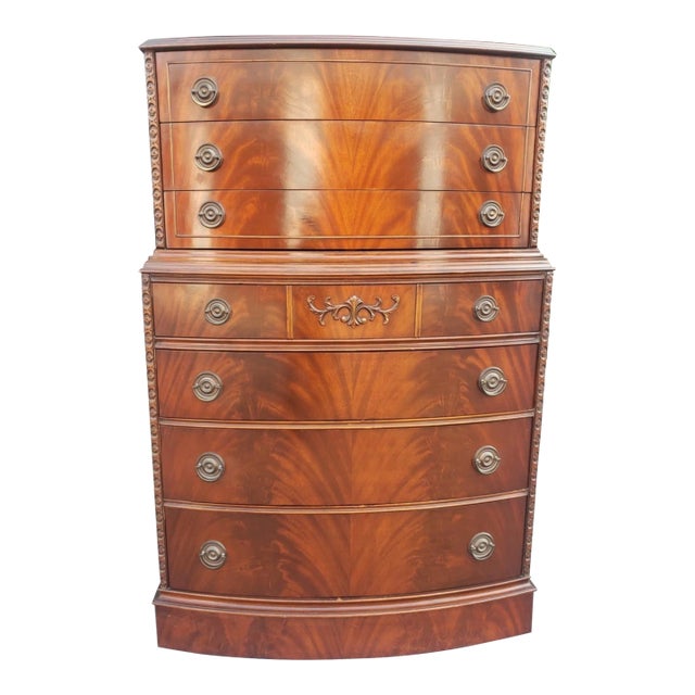 Early 20th C. American Empire BowFront Flame Mahogany Chest on Chest of Drawers For Sale