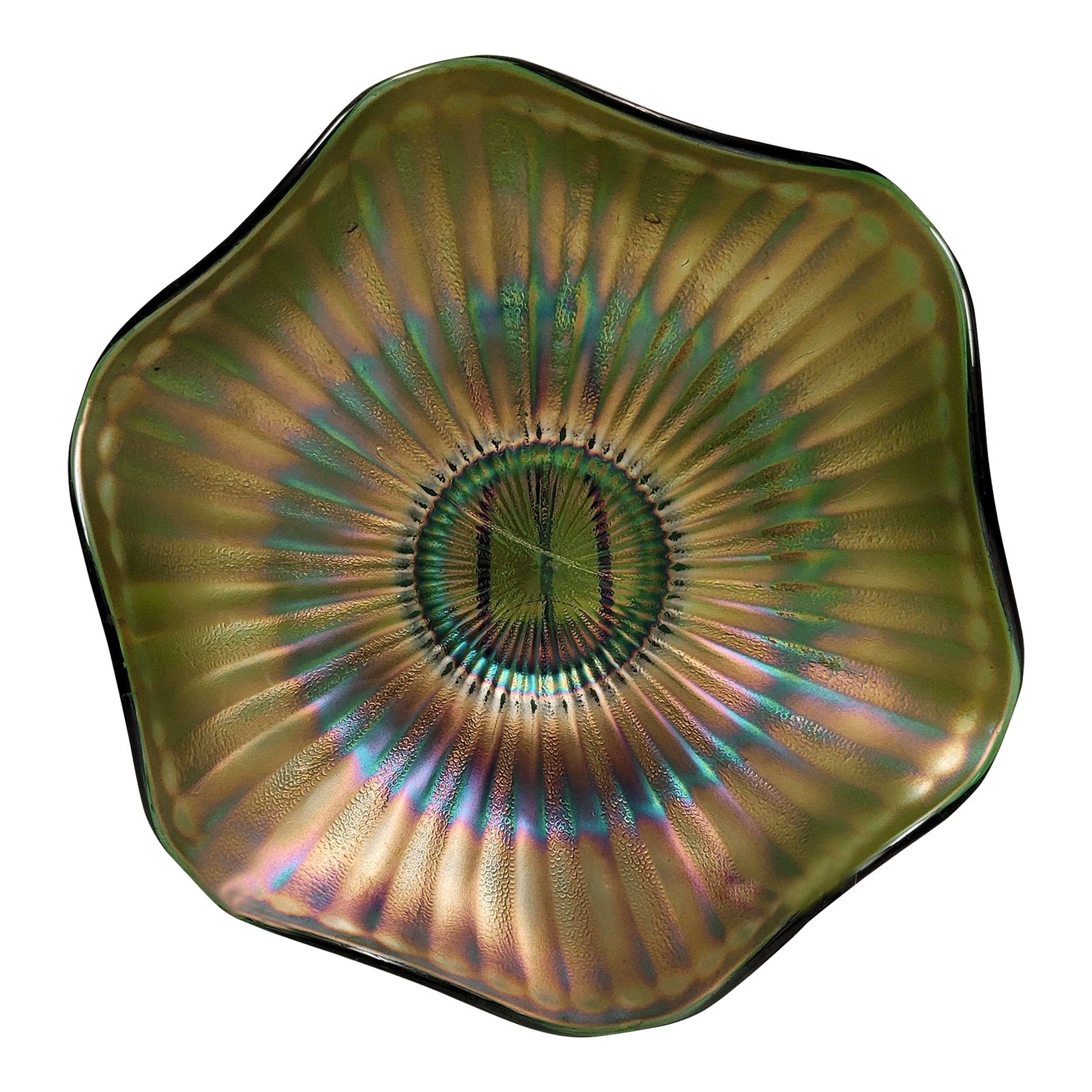 Vintage 1900s Fenton Stippled Rays Green Ruffled Bowl Carnival Glass