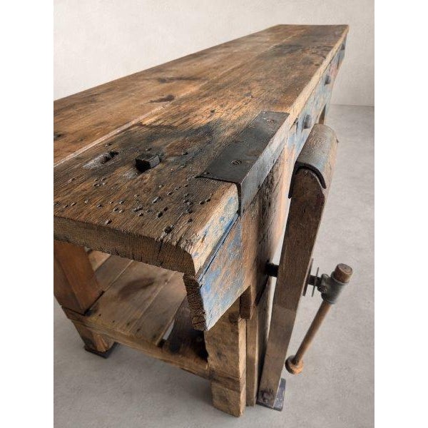 Antique 19th-Century Primitive Blue-Painted Carpenter's Workbench / Console Table For Sale - Image 9 of 13